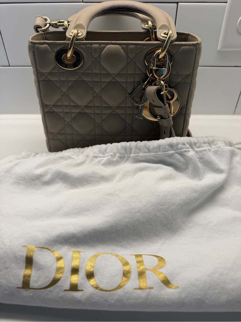 Dior Beige Quilted Lady Dior Medium Top-Handle Bag with Gold Hardware - Picture 7 of 14